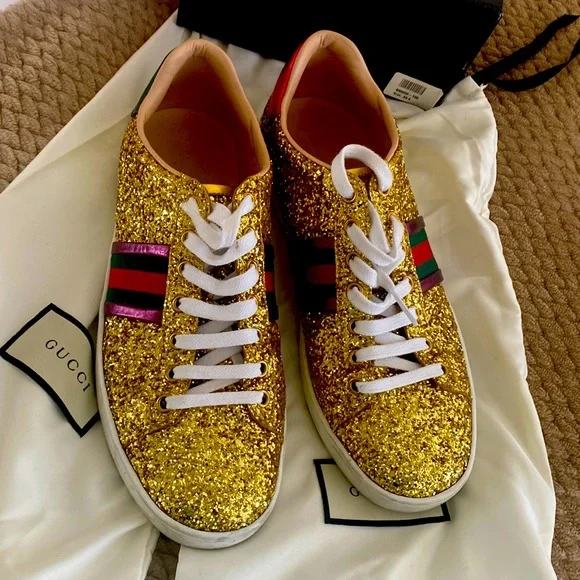Womens Gucci Ace metallic-trimmed glittered leather sneakers